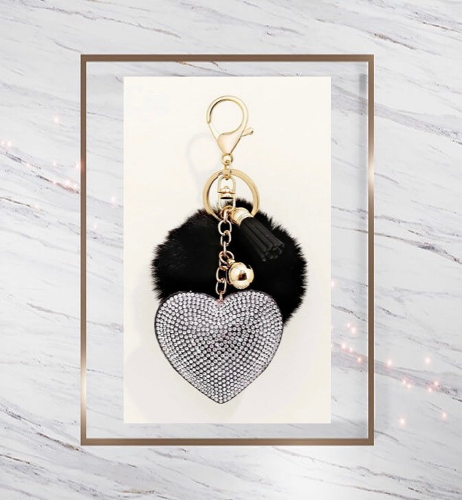 Large Fluffy Keyring/Bag Charm with Diamante Heart