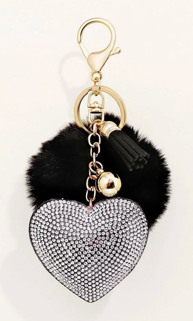 Large Fluffy Keyring/Bag Charm with Diamante Heart